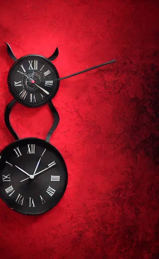 Image similar to a melting Roman numeral clock, behind a red and black gradient background, awith a black heart shaped on the top left corner and a black diamond card shape in the bottom right corner, dynamic lighting, photorealistic fantasy concept art, trending on art station, stunning visuals, cinematic, creative, ultra detailed