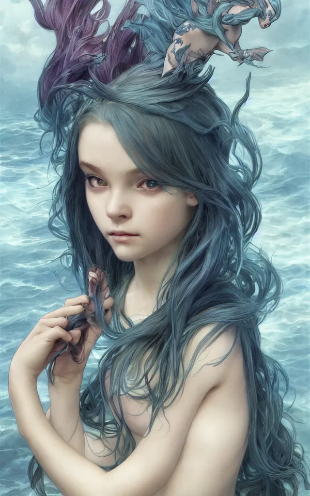 Image similar to Vaporeon Gajinka small human girl , highly detailed, digital pencil painting, human with animal features , hyper realistic, sharp focus, illustration, art by artgerm and greg rutkowski and alphonse mucha