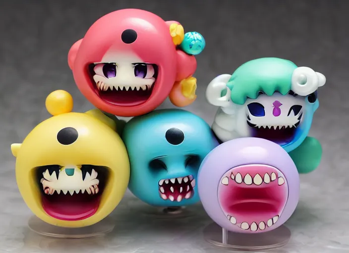 Prompt: realistic vaporwave airbrush painting of grotesque kawaii madballs touhou nendoroid anime figurine wax sculptures by jack davis, yukkuri shiteitte ne