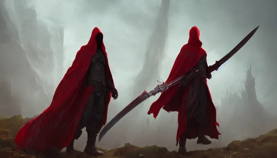 Image similar to no face warrior holding twin swords, full body worn out damaged cape, red hoodie, worn out clothes, by caspar david friedrich by james gilleard and justin gerard, artstation, smooth, sharp focus, by jean baptiste, octane render