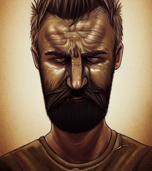 Image similar to portrait of muscular, tired and alcoholic 3 0 - year - ol 5 grieving man with short darkblonde hair, serious sad look in his eyes, looking down, dirty beard, blue eyes, crying tears, wearing dirty soldier uniform, on the desert, sad atmosphere, hyper realistic face, character art, art by mark brooks, cryengine, trending on artstation, digital art
