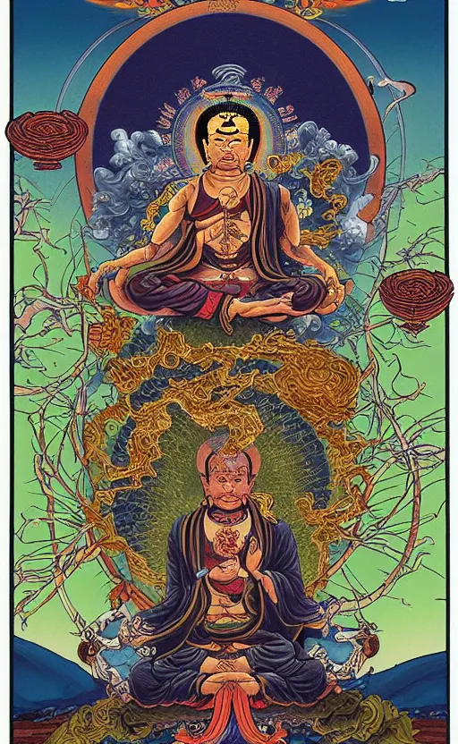 Prompt: Buddhist Tarot Card of Death and Rebirth, Dan Mumford Jeff Simpson Simon Bisley, Thangka