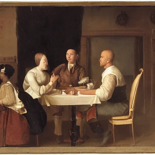 Image similar to The photograph depicts two people, a man and a woman, sitting at a table. The man is looking at the woman with a facial expression that indicates he is interested in her. The woman is looking at the man with a facial expression that indicates she is not interested in him. There is a lamp on the table between them. by Hendrik Kerstens, by Clyde Caldwell melancholic