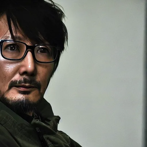 Image similar to Hideo Kojima in a secret United States Base, tense expression, hyper realistic, Cinematic lighting, 4k resolution 1080p