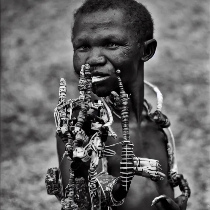 Prompt: an analogue photo of a Tribal Igbo man with robotic prosthetic arm, black & white, national geographic, 35mm, f/1.4,