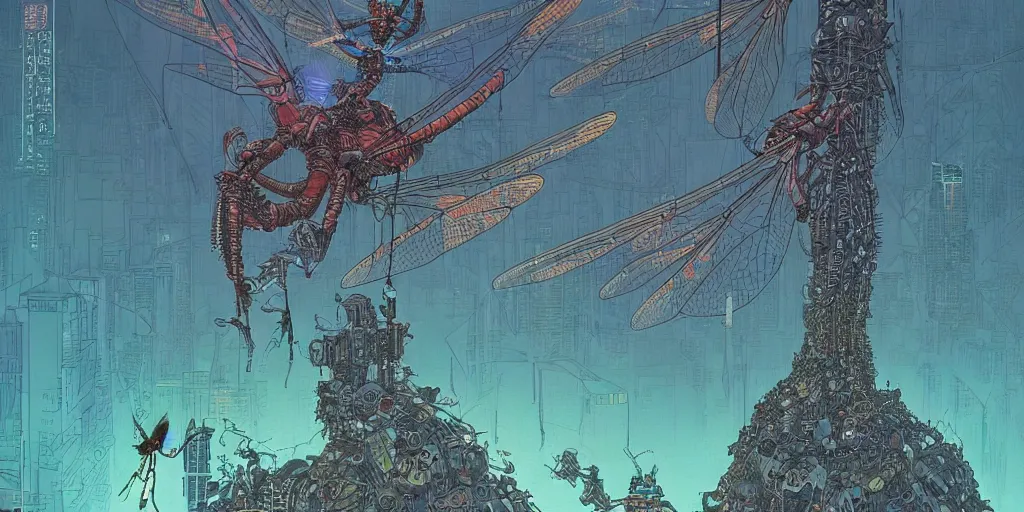 Prompt: dramatic angle on stylised giant dragonfly with few element of cyberpunk armor attacking very tiny dark creatures in fantasy jungle, by moebius!!!!, victo ngai!!!!, cinematic view!!!, dynamic lighting, night mood!!!!
