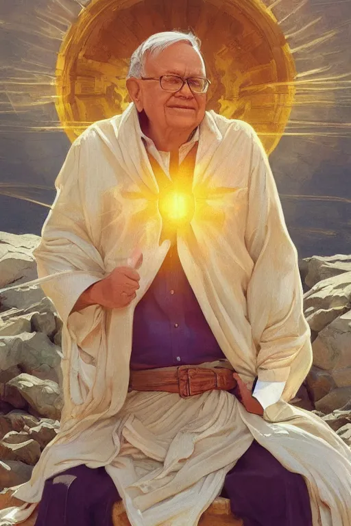 Image similar to warren buffet godly clothes meditating in the sun, yellow lighting ultra realistic photorealistic highly detailed high quality, a stunningly, digital painting, artstation, concept art, smooth, sharp focus, illustration, art by artgerm and greg rutkowski and alphonse mucha 8 k