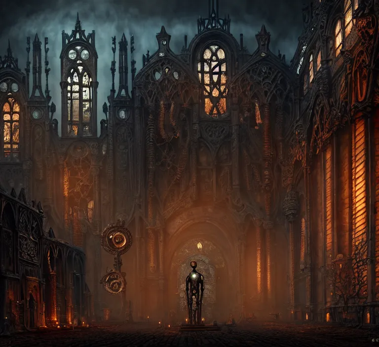 Image similar to steam necropolis, memento mori, gothic, neo - gothic, art nouveau, hyperdetailed copper patina medieval icon, stefan morrell, philippe druillet, ralph mcquarrie, concept art, steampunk, unreal engine, detailed intricate environment, octane render, moody atmospherics, volumetric lighting, ultrasharp, ominous, otherworldly