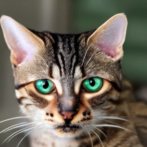 Prompt: margay tabby cat mix with green eyes