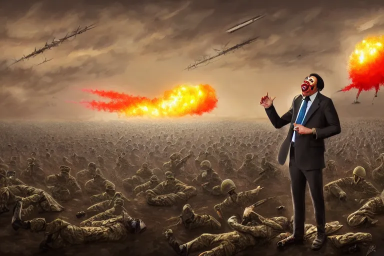 Prompt: a Comedian in suit and tie performing in a battle field with smiling dead bodies on the ground, nuclear cloud in far horizon, comedian is funny, performing to dead soldiers, apocalypse, trending on artstation, artstationHD, hyperdetailed matte painting, highly detailed, digital painting