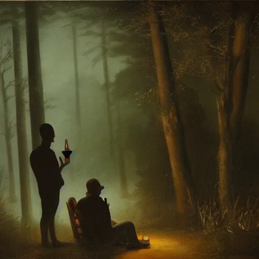 Prompt: two guys having a drink at the woods in the night ,moody,realistic,calming