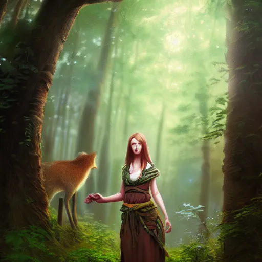 Image similar to a pretty female druid surrounded by forest animals, in the woods, hyper realistic, digital painting, photorealistic, in the style of greg rutkowski, detailed face