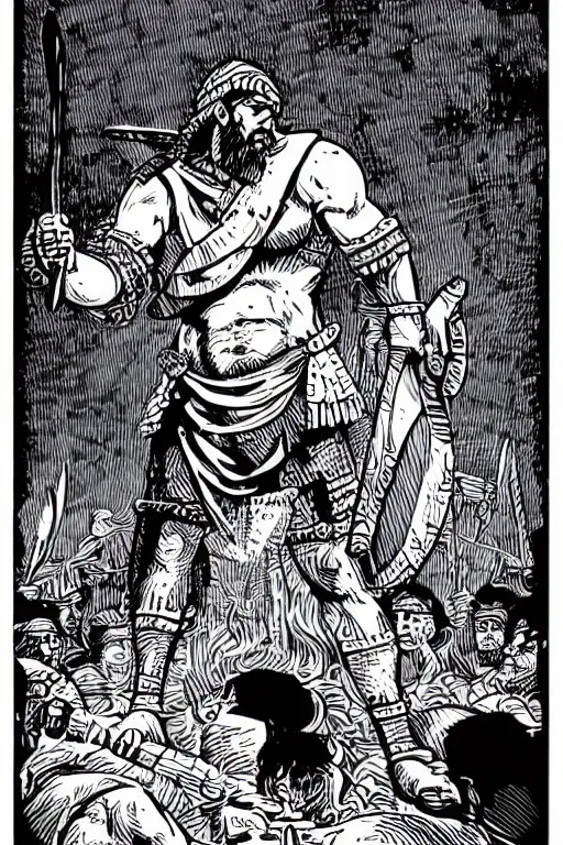 Image similar to ancient historically accurate depiction of the Bible Character Goliath of Gath, the Philistine warrior giant by mcbess