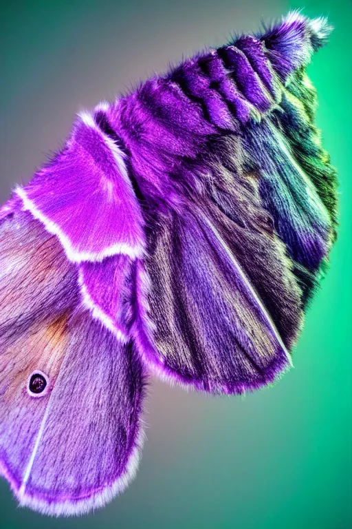 Image similar to high quality macro photo pearlescent furry moth! jeweled gorgeous! highly detailed david ligare elson peter cinematic purple neon lighting high quality low angle hd 8k sharp shallow depth of field