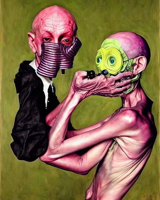 Image similar to two skinny old people with extra limbs, wearing gas masks and robes of gold, green and pink, cinematic, dystopian, eerie, horror, gothic, highly detailed painting by Jenny Saville, Esao Andrews, Francis Bacon, !!!Edward Hopper!!! surrealism, art by Takato Yamamoto and James Jean