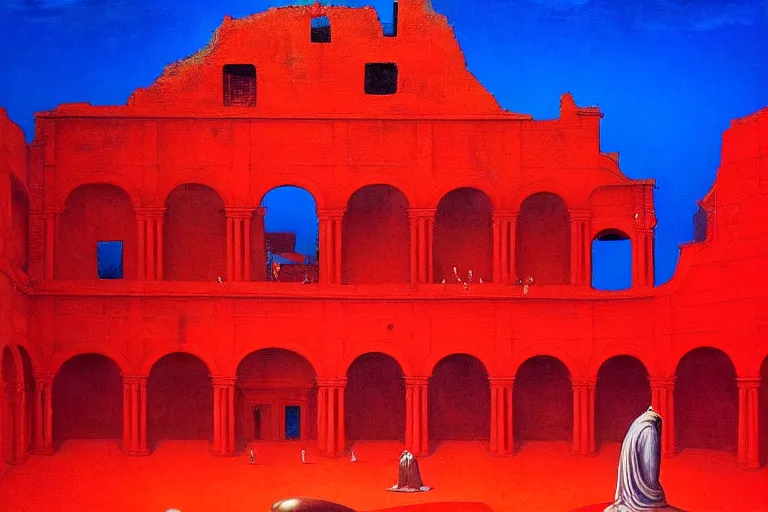 Image similar to only with red, a red melted emperor, taormina amphitheatre, crowd hails him, in the style of beksinski, parts by edward hopper, parts by rodcenko, parts by yue minjun, intricate and epic composition, red by caravaggio, insanely quality, highly detailed, masterpiece, red light, artstation, 4 k