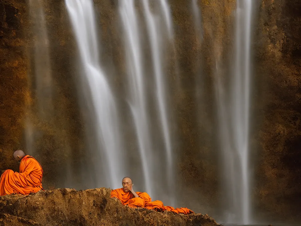 Image similar to dang ngo, annie leibovitz, steve mccurry, a simply breathtaking shot of mediating monk in orange, giantic waterfall, bright moonlight, golden ratio, wide shot, symmetrical