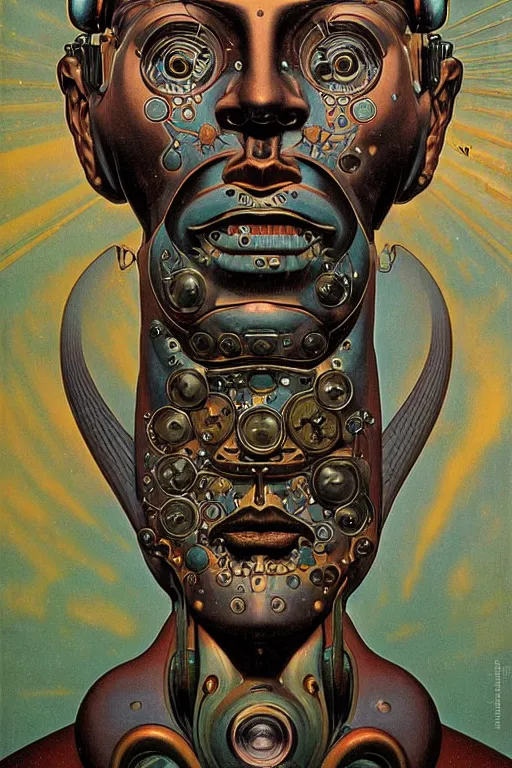 Prompt: 1 9 6 9 jimi hendric robot, large metal mustache, muted colors, benevolent, nebula background, glowing eyes, detailed realistic surreal retro robot in full regal attire. face portrait. art nouveau, visionary, baroque, giant fractal details. vertical symmetry by zdzisław beksinski, alphonse mucha. highly detailed, realistic