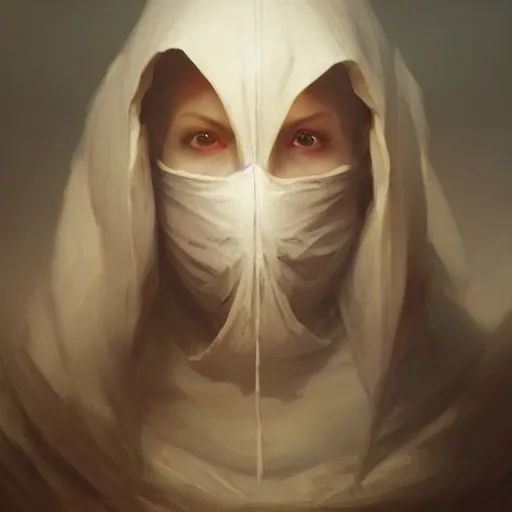 Image similar to epic portrait an hooded woman wearing a mask with closed eyes, broad light, ambient occlusion, volumetric light effect, made by ivan aivazovsky, peter mohrbacher, greg rutkowski, matte painting, trending on artstation, 4 k, perfectly defined features, digital painting,