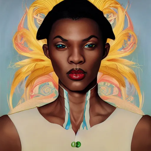 Image similar to dnd character portrait of a beautiful and androgynous half - elf with messy short red hair and catlike features and almond skin tone and yellow eyes with slit pupils, golden hour, wearing a colorful men's suit, realistic painting by kehinde wiley and tasha beckwith and ross tran and gerald brom and alphonse mucha, trending on artstation