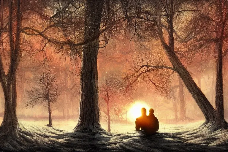 Image similar to ryan church jon mccoy concept art mood painting man sitting in tree winter watching beautiful december sunrise detailed forest