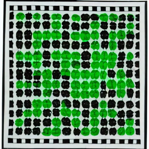 Image similar to a 20 by 20 black and white grid with 16 green circles arranged in a star pattern