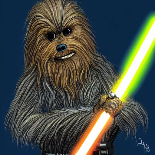 Prompt: wookie with a lightsaber, digital art