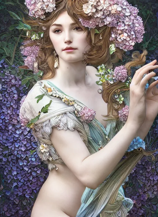 Image similar to a photographic portrait of a anthropomorphic hydrangea blossom goddess spirit, fantasy, wind blowing hair, intricate, elegant, highly detailed, digital painting, artstation, concept art, smooth, sharp focus, illustration, art by artgerm and h r giger and alphonse mucha