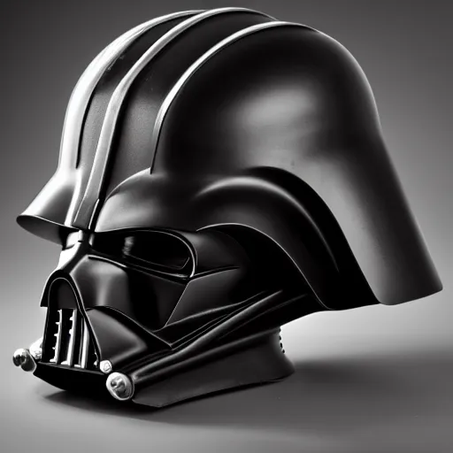 Image similar to photograph of a medium format camera that looks like Darth Vader's helmet . very detailed. plain background. 8K . still life photo. elegant design.