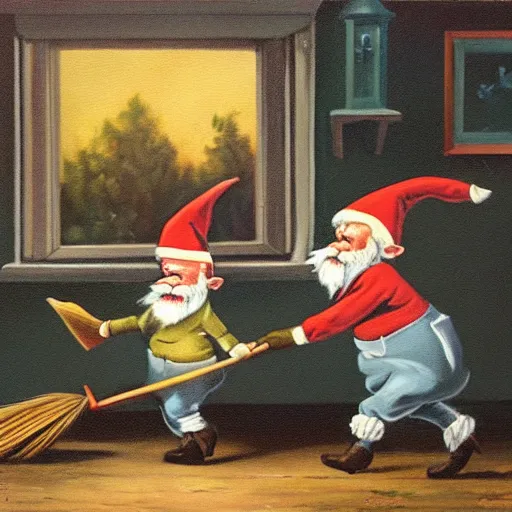 Image similar to vintage painting of gnomes invading a house at night, father defending family with a broom,