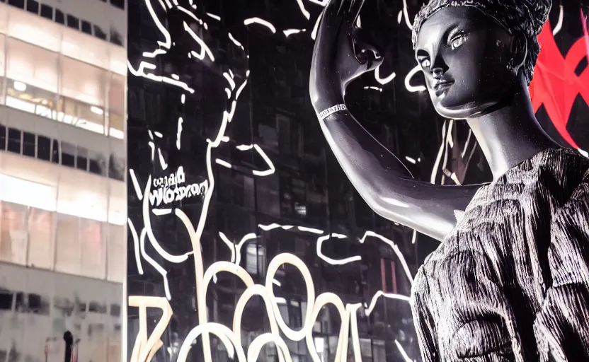 Image similar to night time photo of billboard advertisement of extremely beautiful female black marble statue in the style of virgil abloh, colorful motocross logos behind her, sharp focus, clear, detailed,, cinematic, detailed, off white, glamourous, symmetrical, vogue, editorial, fashion, magazine shoot, glossy