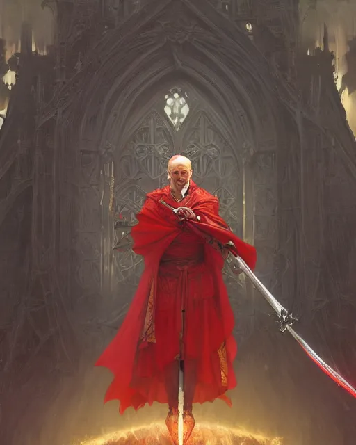 Image similar to A Full View of a Red Wizard with a sword and staff, surrounded by energy in front of a gothic tower. masterpiece 4k digital illustration by Ruan Jia and Mandy Jurgens and Artgerm and greg rutkowski and Alexander Tsaruk and WLOP and william-adolphe bouguereau, award winning, Artstation, art nouveau aesthetic, Alphonse Mucha background, intricate details, realistic, panoramic view, Hyperdetailed, 8k resolution, intricate art nouveau