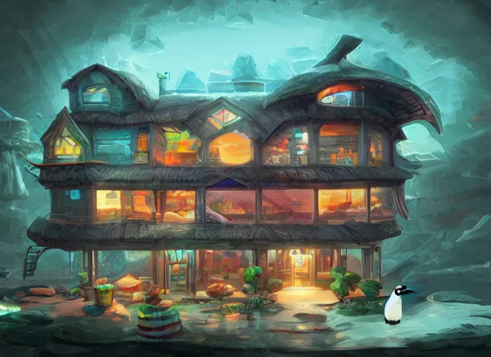 Image similar to in - game screnshot, nintendo 6 4 concept art of a penguin house, artgerm, rutkowski, tooth wu, beeple, and intricate