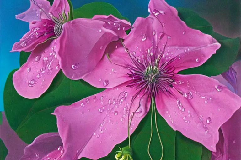 Image similar to pink dripping clematis flower liquefying, each petal dripping with many droplets of viscous pink liquid by salvador dali, oil on canvas