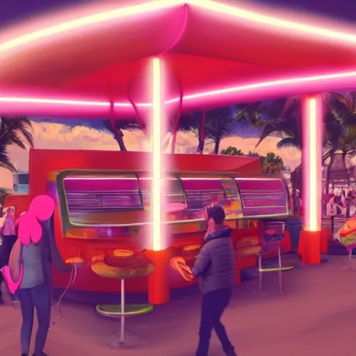 Prompt: neon digital futuristic hotdog stand, artstation, matte painting, concept art, pink, orange, digital art