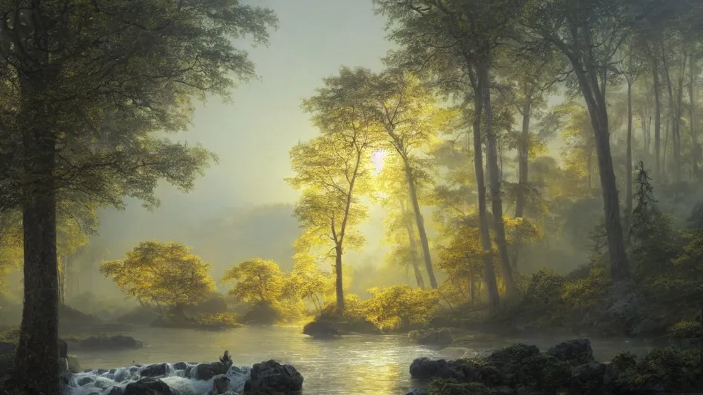 Image similar to the most beautiful panoramic landscape, oil painting, where a giant dreamy waterfall creates a river, the trees around are starting to bloom in yellow colors, a majestic deer is in close - up is under a giant tree and it is exhaling steam, the ray lights of the sunrise are brightening him, by greg rutkowski