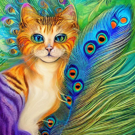 Prompt: beautiful cat with long flowing peacock feathers detailed painting in the style of josephine wall 4 k