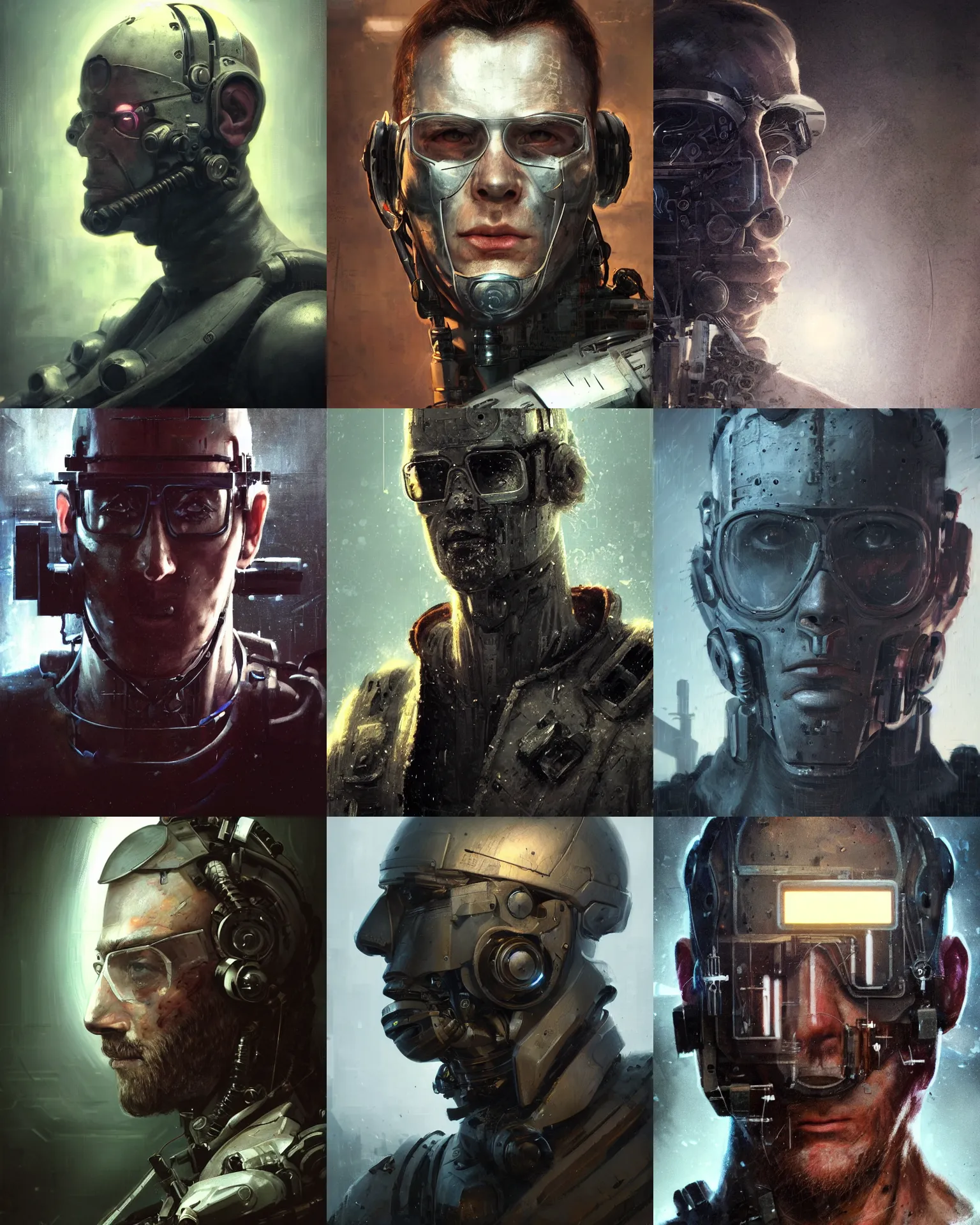 Image similar to a half - masked rugged laboratory engineer man with cybernetic enhancements as seen from a distance, scifi character portrait by greg rutkowski, esuthio, craig mullins, 1 / 4 headshot, cinematic lighting, dystopian scifi gear, gritty, profile picture, mechanical, cyborg, half robot, implants, dieselpunk