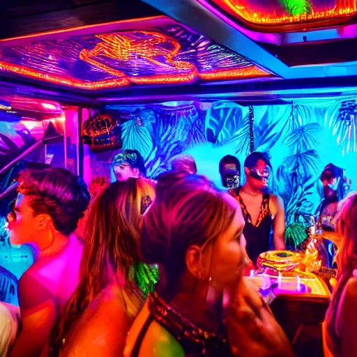 Image similar to vice media photo, inside a crowded luxury stylish high-end gorgeous intricate highly-themed synthwave tiki party onboard a yacht with low ceilings, tropical plants, neon lights, blue color scheme with pink and orange accents, crowd of people dancing, ultra-detailed, 8k, photorealistic