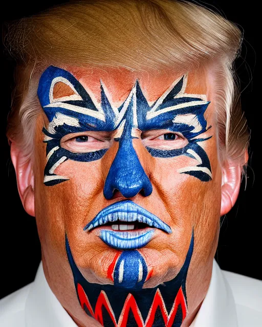 Image similar to a medium shot portrait photograph of donald trump wearing ancient tribal face paint, dslr photography