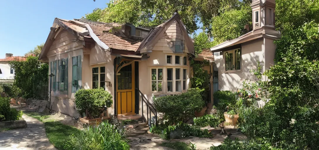 Image similar to small house designed by julia morgan. 8 k.