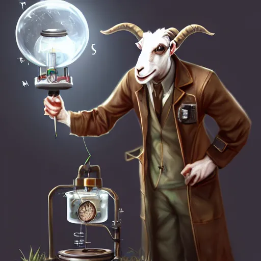 Image similar to a goat who is a mad scientist, wearing a lab coat, inventing a time machine, steampunk style, digital art, trending on artstation and unreal engine, deviantart, smooth, hyper detailed