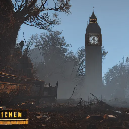 Image similar to The ruins of Big Ben, screenshot from Fallout 4