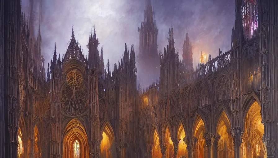 Image similar to atmospheric painting of a fractal gothic cathedral, by Marc Simonetti, oil on canvas, highly detailed, soft lighting