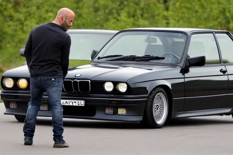 Image similar to Angry Jason Statham picks up BMW e30