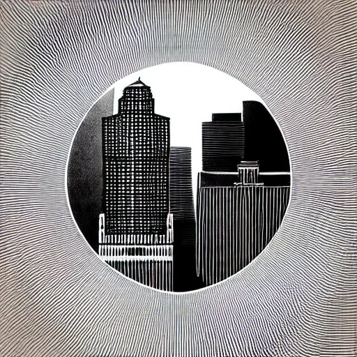 Image similar to a perfect circle where the inside is empty blank space and around the outer edge of the circle is the silhouette of a city skyline, black and white, minimalist, in the style of a charcoal drawing, made by david mellen