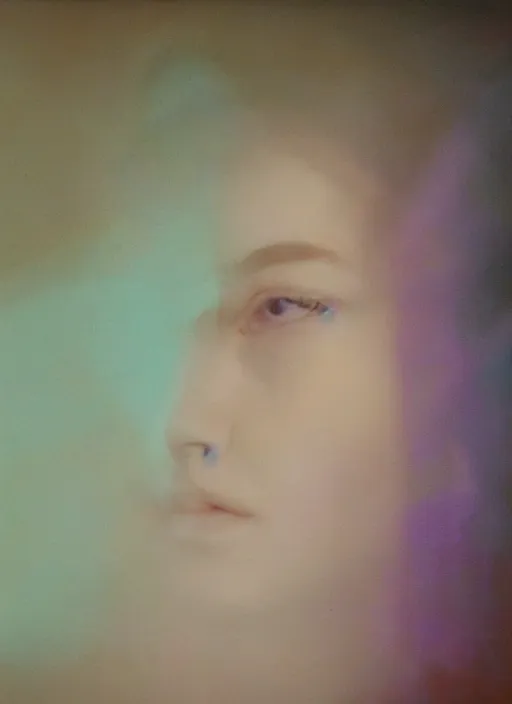Prompt: out of focus photorealistic portrait of elle fanning by sarah moon, very blurry, translucent white skin, closed eyes!!, foggy, violet and aqua neon lights