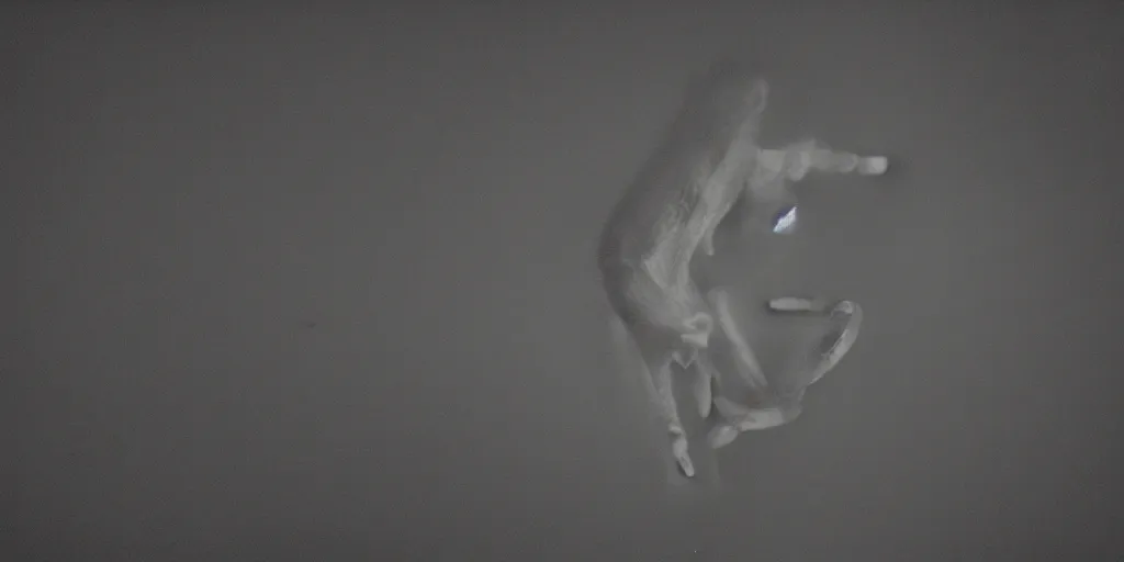 Prompt: a human-like creature crawling on the ceiling on a dark room, night vision, 240P