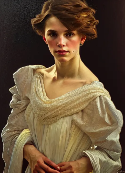 Image similar to oil portrait of madeleine petsch, intricate, elegant, highly detailed, lighting, painting, artstation, smooth, illustration, art by greg rutowski and alphonse mucha