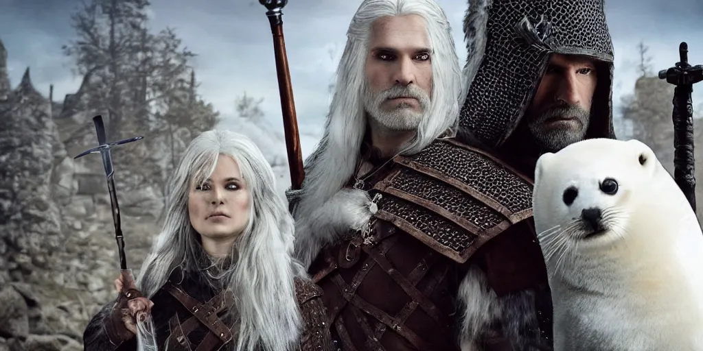 Image similar to a baby harp seal dressed in a witcher costume, dressed as geralt from the witcher, medieval, fantasy, film still